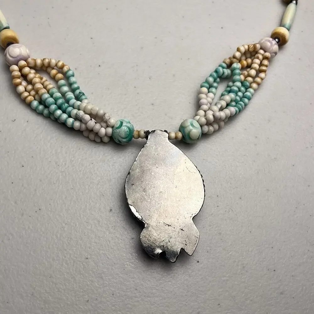 Mosaic Teardrop Pendant Western Tribal Multi Strand Beaded Necklace Silver Tone